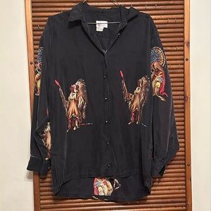Vintage-Inspired Black Button-Front Silk Blouse with Native Motif
